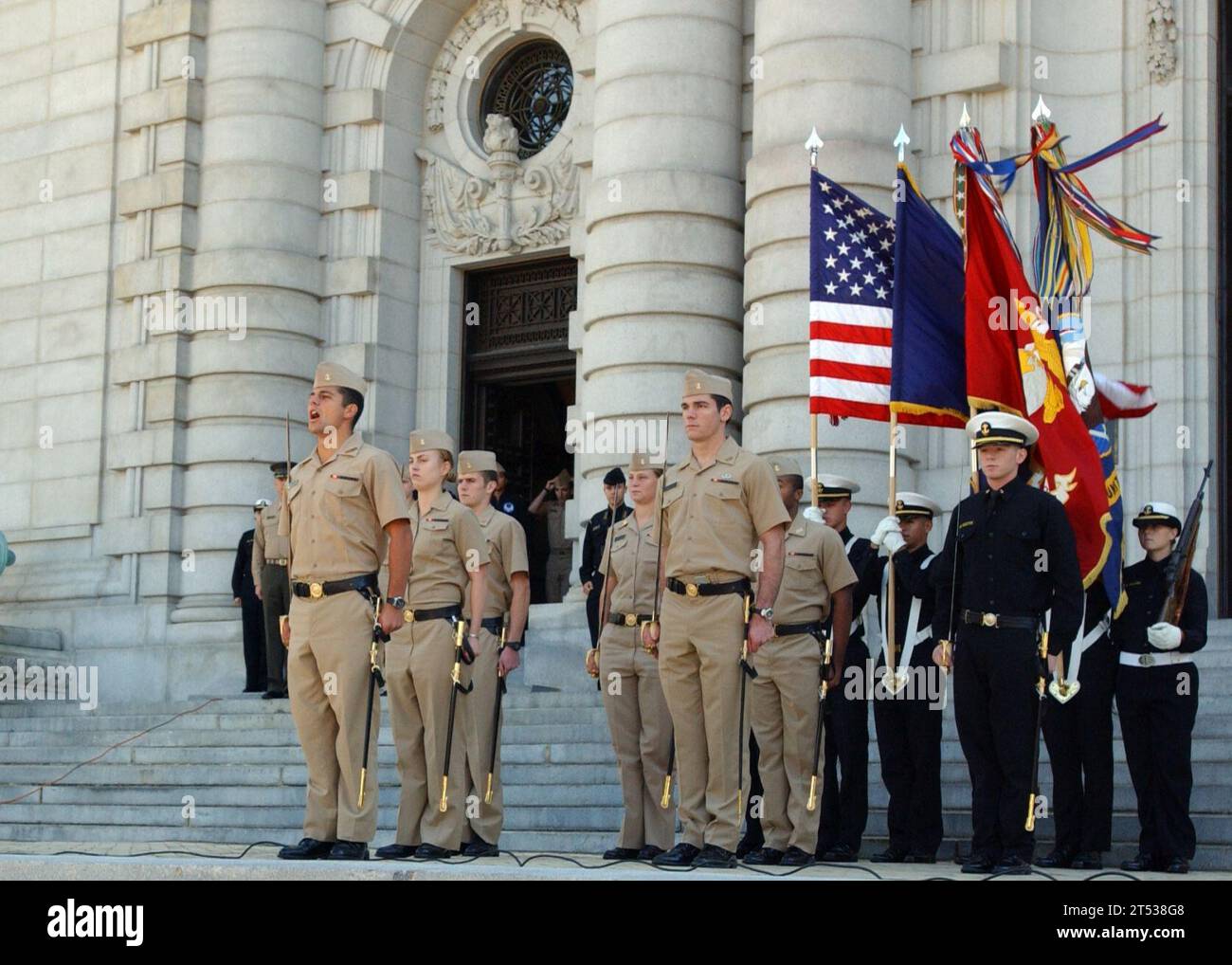 0710121194L-001 ANNAPOLIS, Md. (Oct. 12, 2007) - U.S. Naval Academy Brigade Staff and Color Guard stand in special formation on the steps of Bancroft Hall in honor of the 232nd birthday of the United States Navy. Midshipman leaders spoke to the 4,400 Brigade of Midshipmen about the Academy’s heritage and unique role in naval history. U.S. Navy Stock Photo