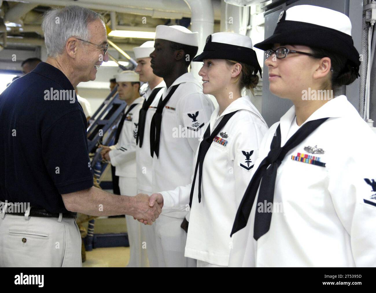 0707187203T-011 TYRRHENIAN SEA (July 18, 2007) - Deputy Secretary of Defense Gordon R. England meets with Sailors aboard Blue Ridge-class amphibious command ship USS Mount Whitney (LCC 20), off the coast of Naples, Italy. England is in Italy to meet with regional commanders and to thank Sailors for their service and sacrifice. U.S. Department of Defense Stock Photo