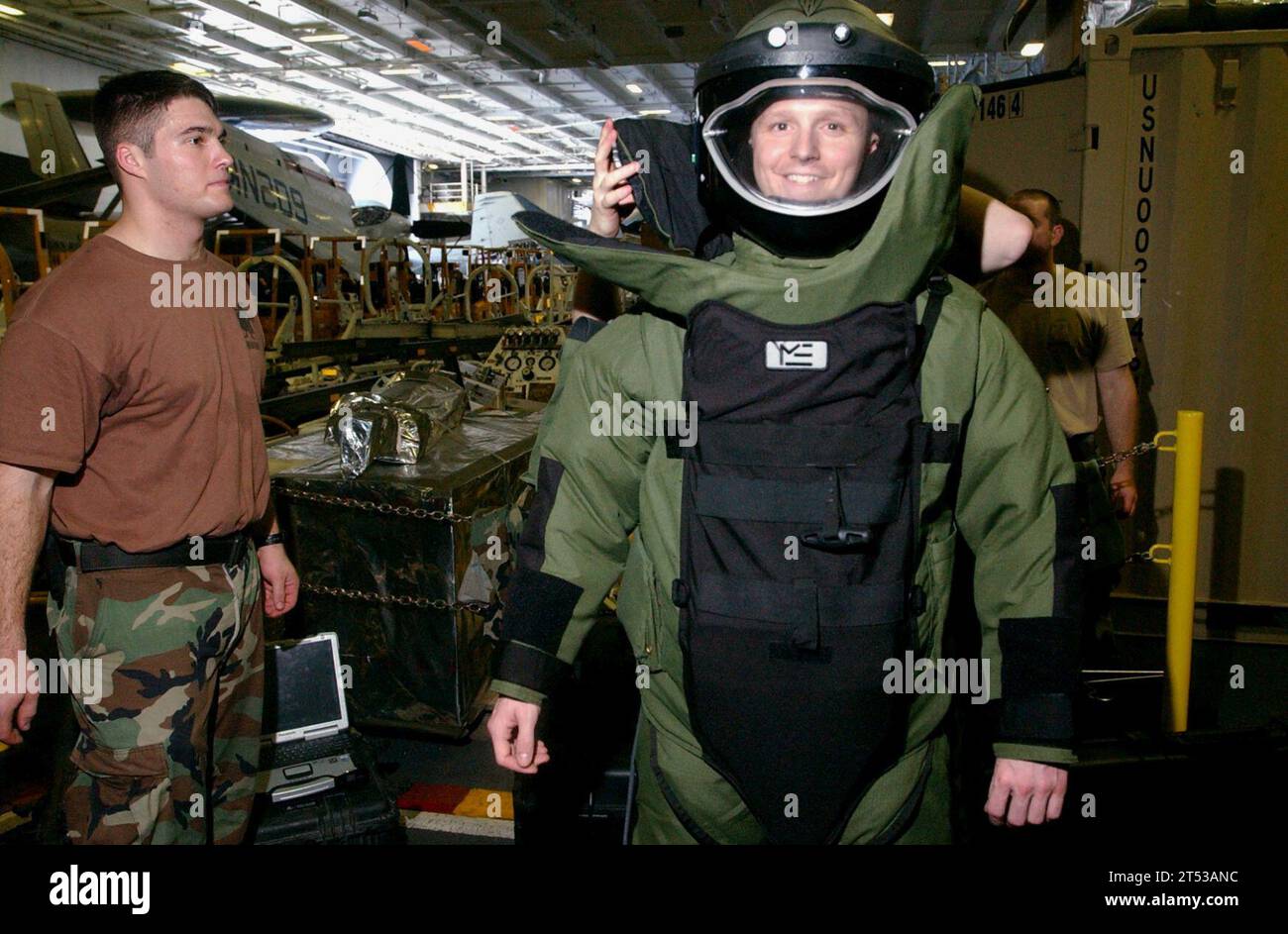 bomb suit, EOD, HANGAR BAY, people, Sailor Stock Photo