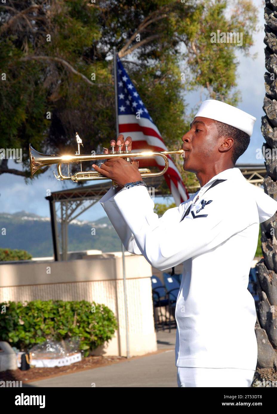 bugle, U.S. flag, young african american male sailor Stock Photo