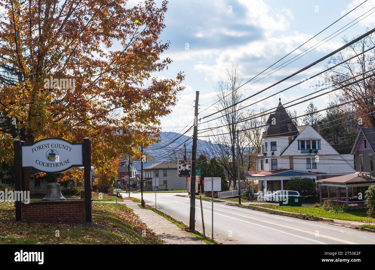 The Forest County Courthouse sign on Elm Street in Tionesta, Pennsylvania, USA Stock Photo Alamy