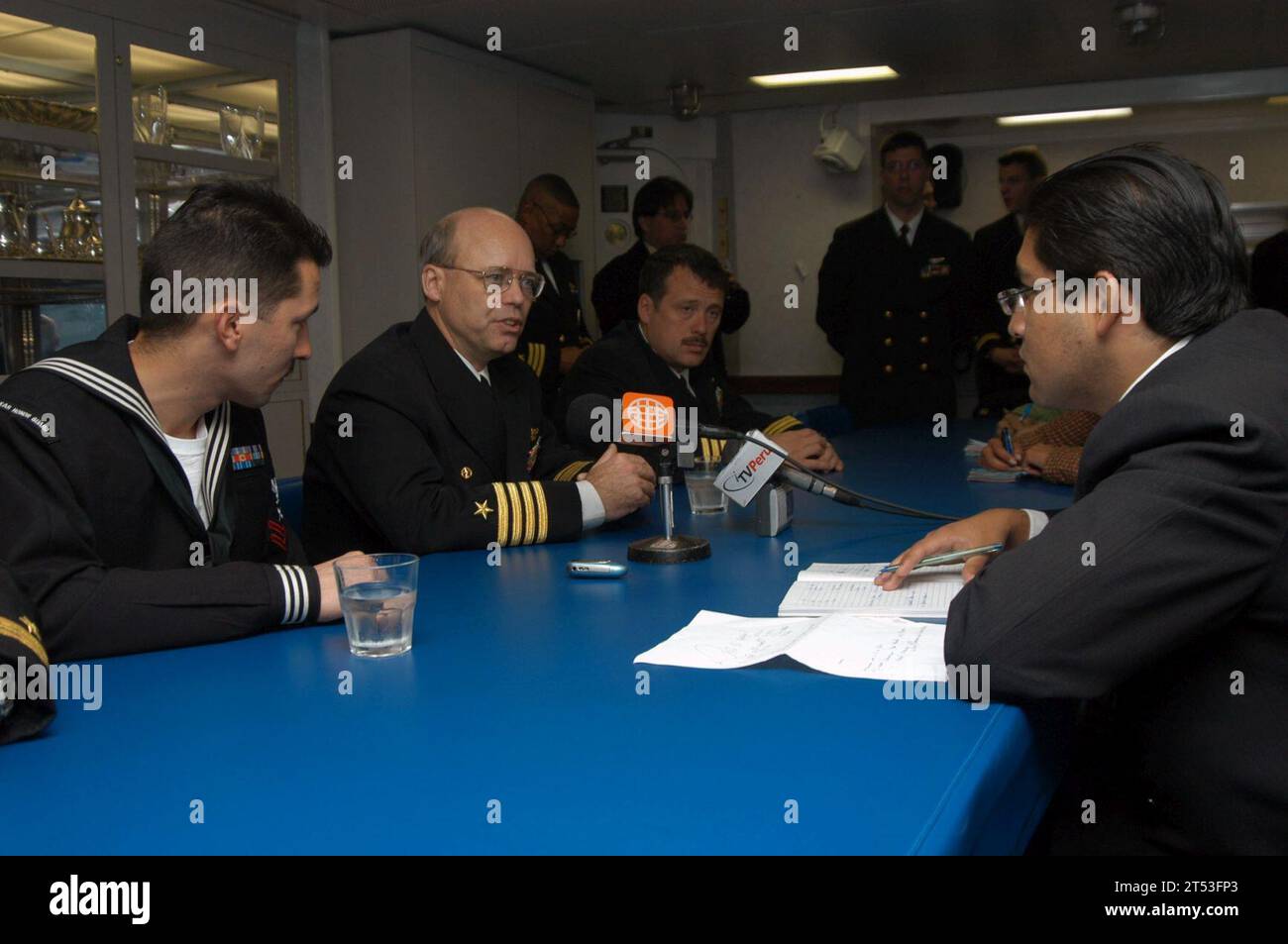 CALLAO, caribbean, Commander of Destroyer Squadron 40, guided-missile destroyer USS Mitscher (DDG 57), Partnership of the Americas (POA) 2007, Peru, Peruvian press, Press conference, South America, Task Group 40.0 Stock Photo