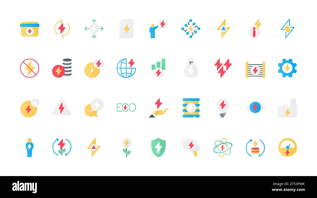 Electric vehicles and energy flat icons set vector illustration. EV service symbols, electric power efficient consumption, production and storage to save environment, battery charger points Stock Vector