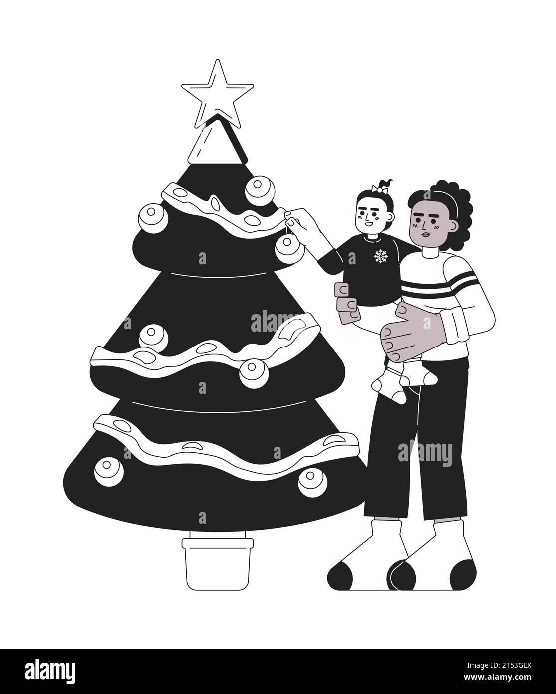 Mother little girl decorating Christmas tree black and white 2D cartoon