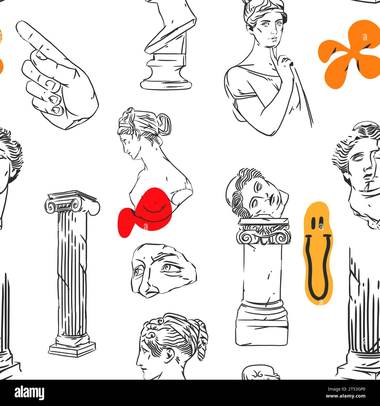 Hand drawn vector abstract graphic, greek ancient sculpture statues and