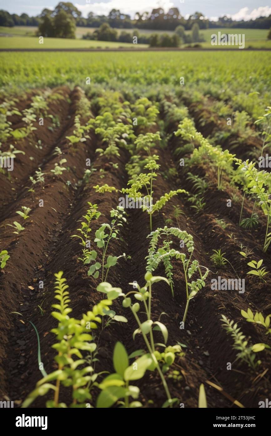Rows of organic vegetable plants in various stages of growth are seen
