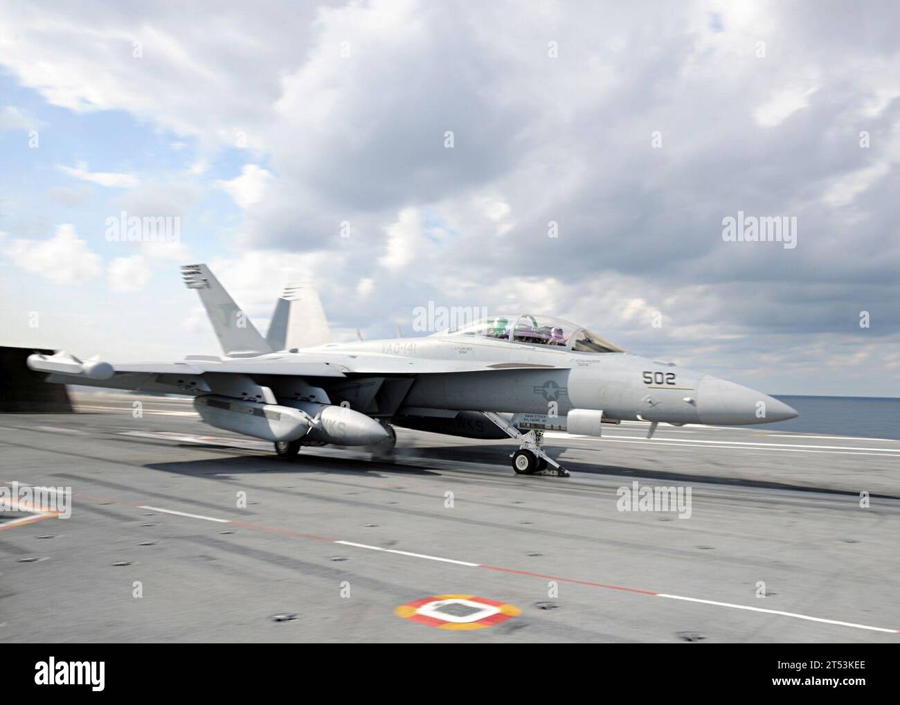 Carrier, carrier take off, CVN 77, EA-18G Growler, electronic attack squadron, Growler, squadron, USS George H.W. Bush, VAQ 141 Stock Photo