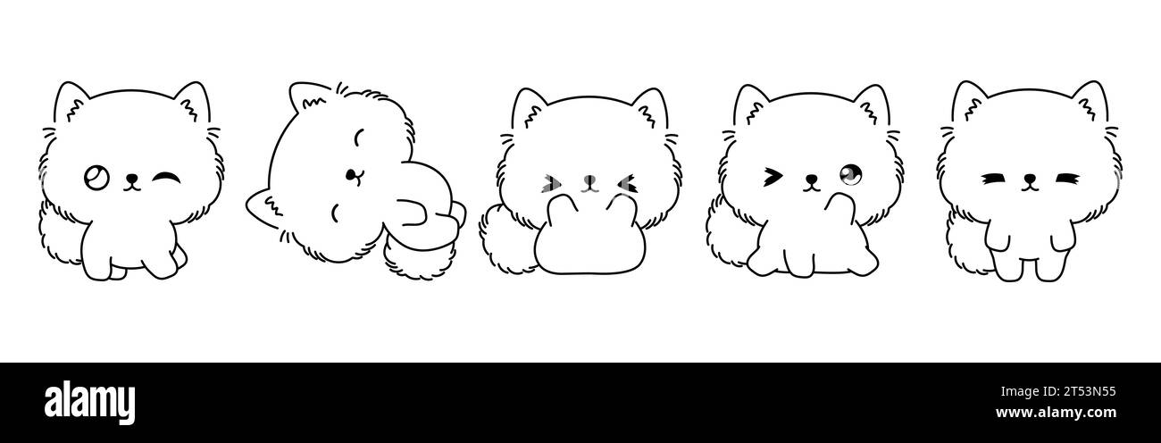 Set of Vector Cartoon Dog Coloring Page. Collection of Kawaii Isolated Pomeranian Puppy Outline for Stickers, Baby Shower, Coloring Book, Prints for Stock Vector