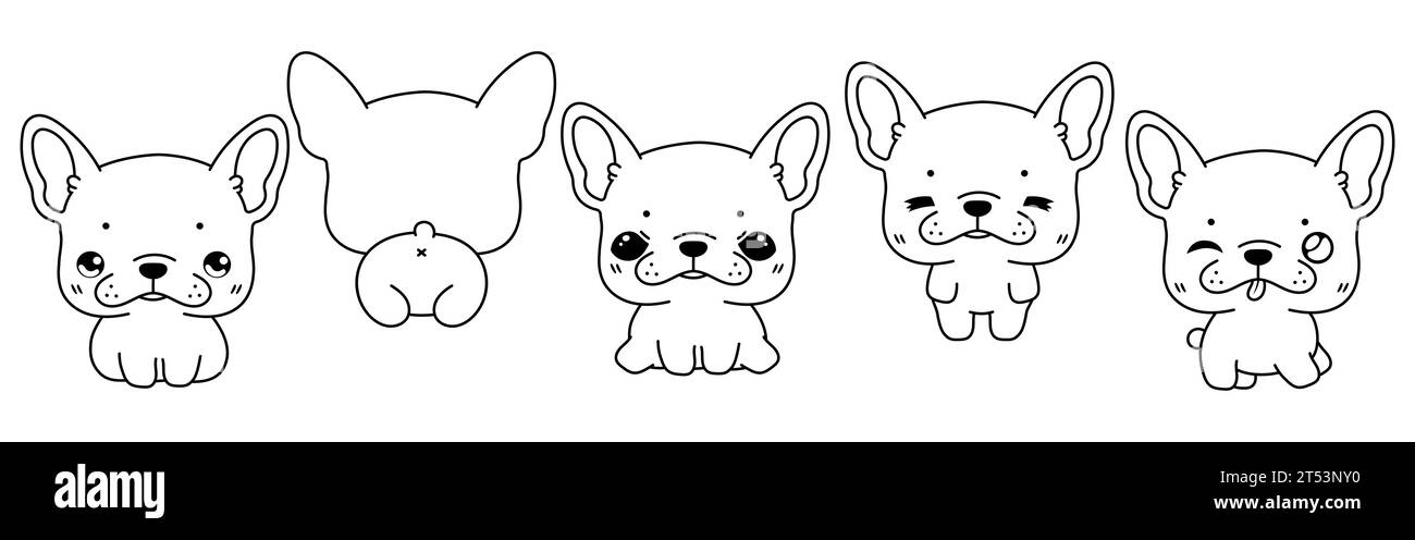 Set of Vector Cartoon Pet Coloring Page. Collection of Kawaii Isolated French Bulldog Dog Outline for Stickers, Baby Shower, Coloring Book, Prints for Stock Vector