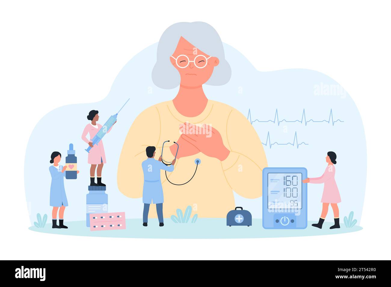 Heart attack, cardiology vector illustration. Cartoon tiny doctors