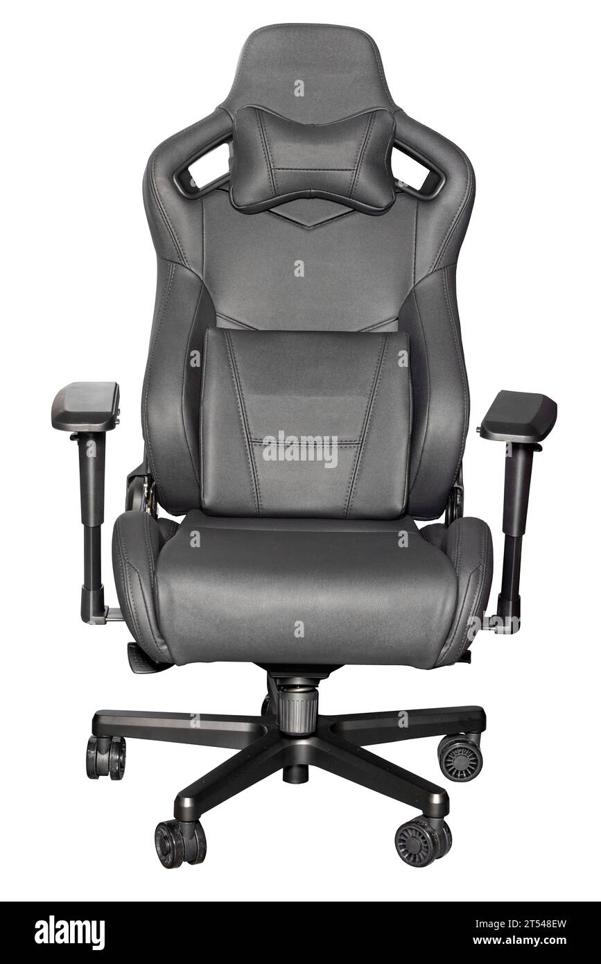 A stylish design gaming chair black color with an ergonomic wide seat and a high back with pronounced lateral supports. Stock Photo