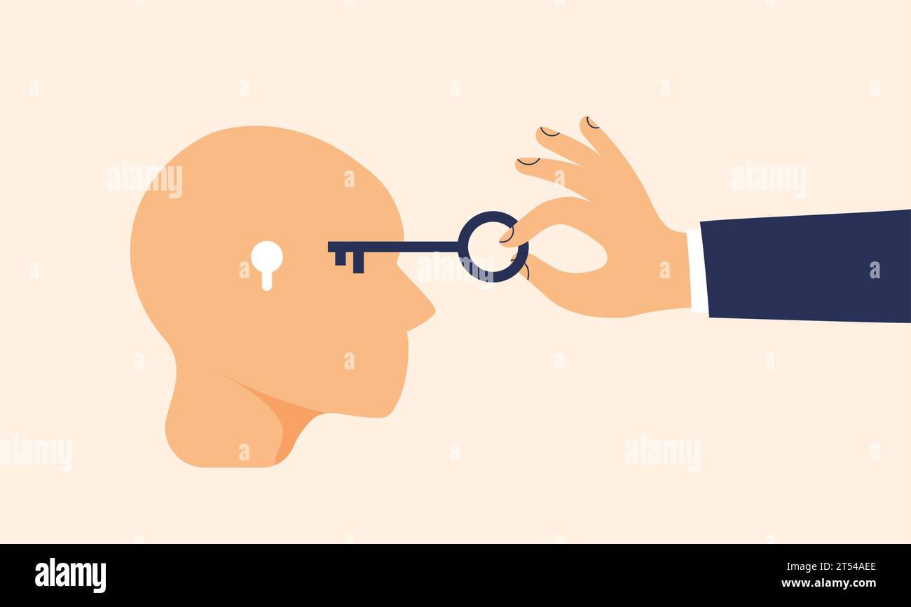 Abstract metaphor of psychotherapy and psychology. Human head with a keyhole and key. Concept of solving difficult situation. Open mind. Health care. Stock Vector