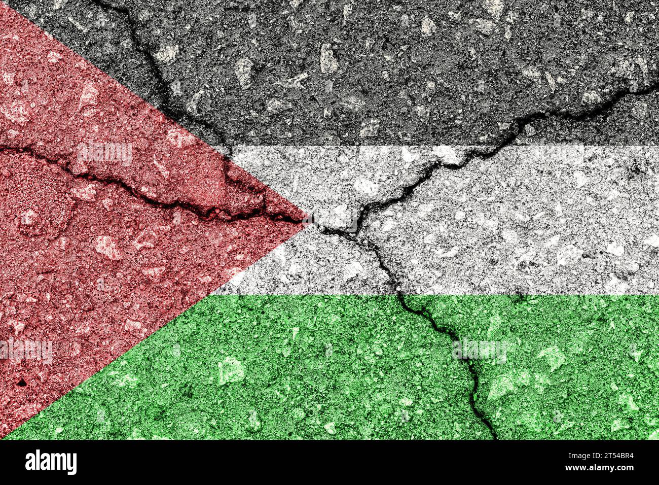 Palestine flag on cracked concrete wall. The concept of crisis, war, conflict, terrorism or other problems in the country. Abstract disaster symbol. Stock Photo