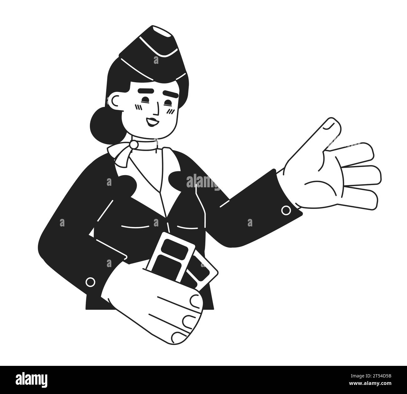 Airline flight attendant female indian black and white 2D cartoon character Stock Vector