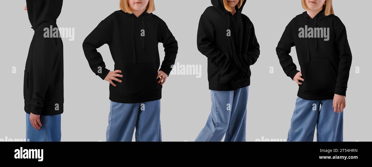 Mockup of a black hoodie with a pocket on a girl in jeans, long sleeve front, side view. Set. Fashionable hooded sweatshirt template isolated on backg Stock Photo