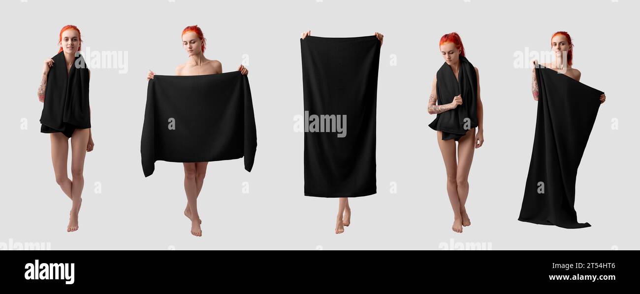Mockup of a black towel, a presentation of a bath towelette in the hands of a full-length red-haired girl. Set. Terry toweling template for branding. Stock Photo