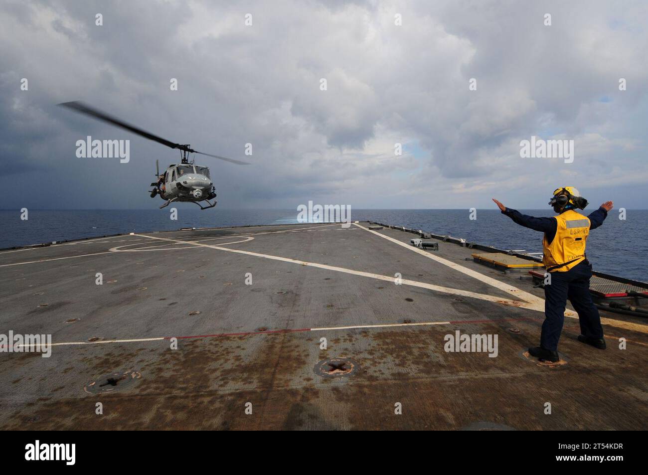 Deployment 2011, flight deck, flight ops, HMM-163, uh-1 huey, USS Comstock (LSD 45) Stock Photo