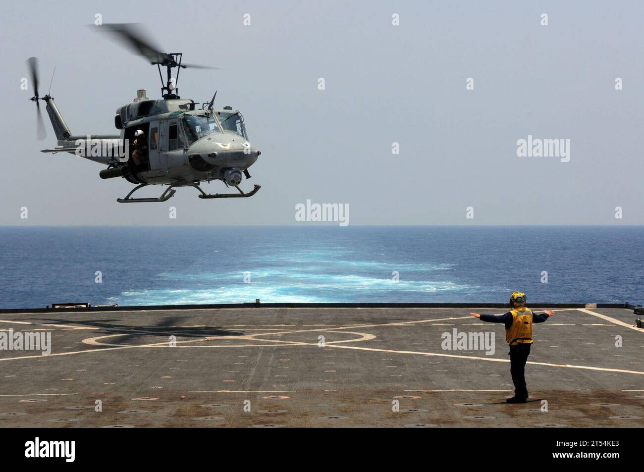 Deployment 2011, flight deck, flight ops, HMM-163, uh-1 huey, USS Comstock (LSD 45) Stock Photo