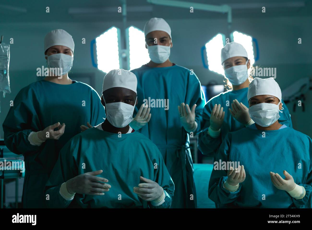 Portrait of diverse male and female surgeons wearing surgical gowns in