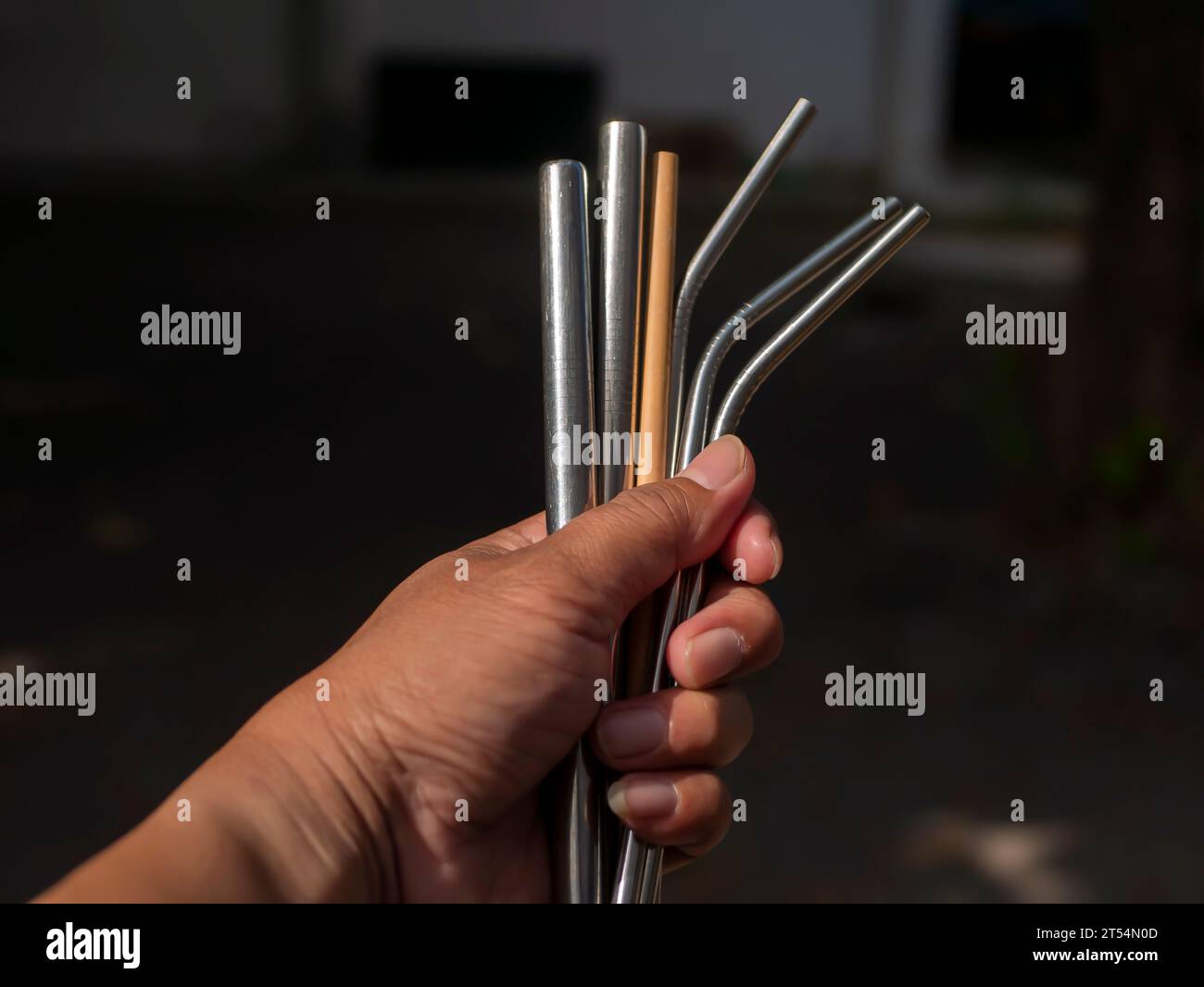 A hand holding bamboo and steel straws, an alternative to reducing plastic straws. The concept of reducing non-degradable plastic waste. Stock Photo