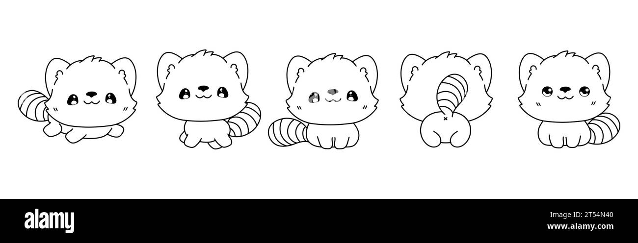 Collection of Vector Cartoon Baby Red Panda Coloring Page. Set of