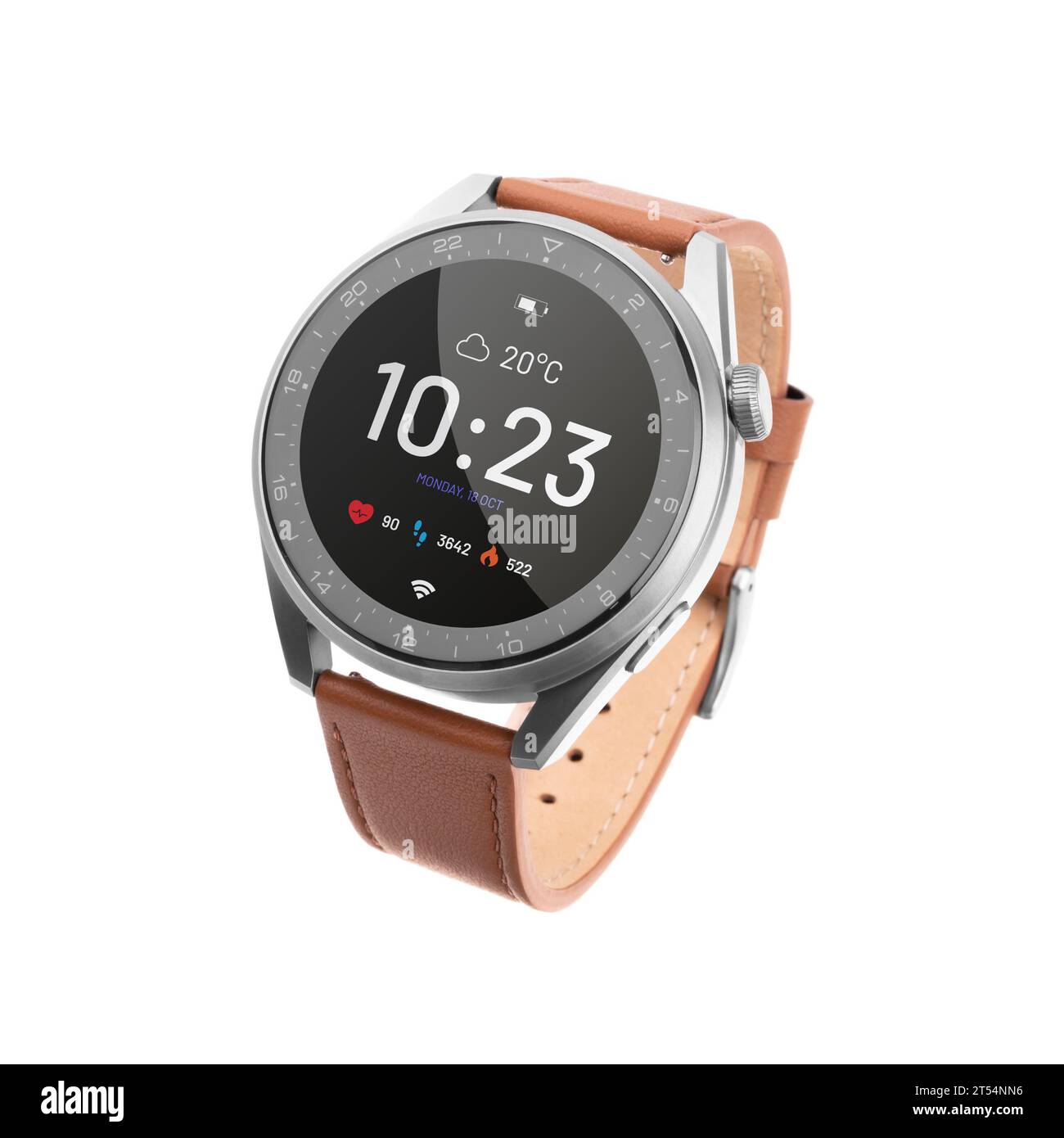 Smart watch with display on. Fashion watch with leather strap. Stock Photo