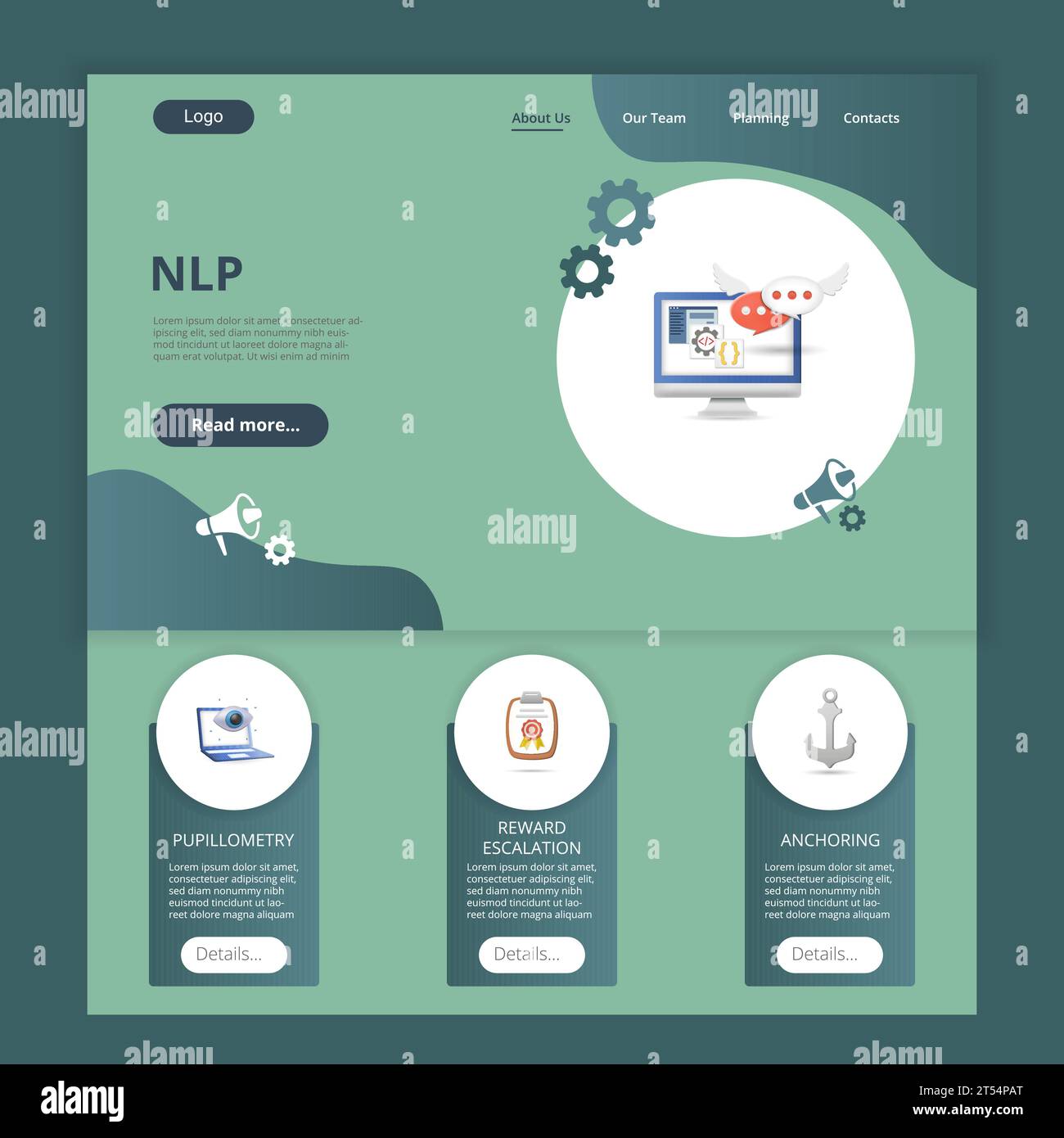 NLP flat landing page website template. Pupillometry, reward escalation, anchoring. Web banner with header, content and footer. Vector illustration. Stock Vector