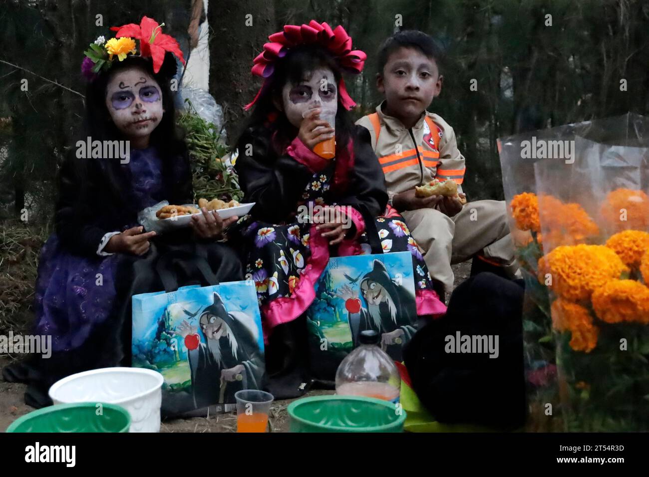 Mexico City, Mexico. 2nd Nov, 2023. Children characterized by death - Catrinas and Catrin on the Day of the Dead at the Pantheon of San Antonio Tecomitl in the Milpa Alta Mayor's Office in Mexico City. on November 2, 2023 in Mexico City, Mexico (Credit Image: © Luis Barron/eyepix via ZUMA Press Wire) EDITORIAL USAGE ONLY! Not for Commercial USAGE! Stock Photo