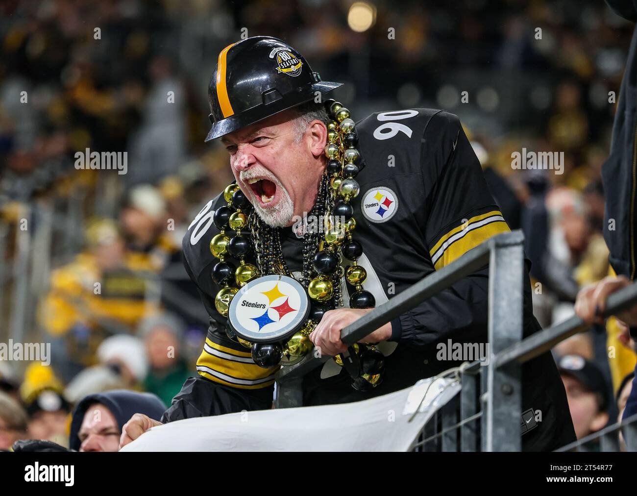 Pittsburgh, Pennsylvania, USA. 1st Nov, 2023. A Pittsburgh Steelers fan fired up during the NFL football game between the Pittsburgh Steelers and the Tennessee Titans at Acrisure Stadium in Pittsburgh, Pennsylvania. (Credit Image: © Brent Gudenschwager/ZUMA Press Wire) EDITORIAL USAGE ONLY! Not for Commercial USAGE! Stock Photo