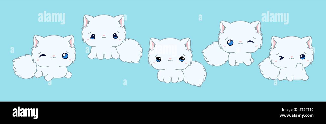 Set of Kawaii Isolated Persian Cat. Collection of Vector Cartoon Kitten Illustrations for Stickers, Baby Shower, Coloring Pages, Prints for Clothes Stock Vector