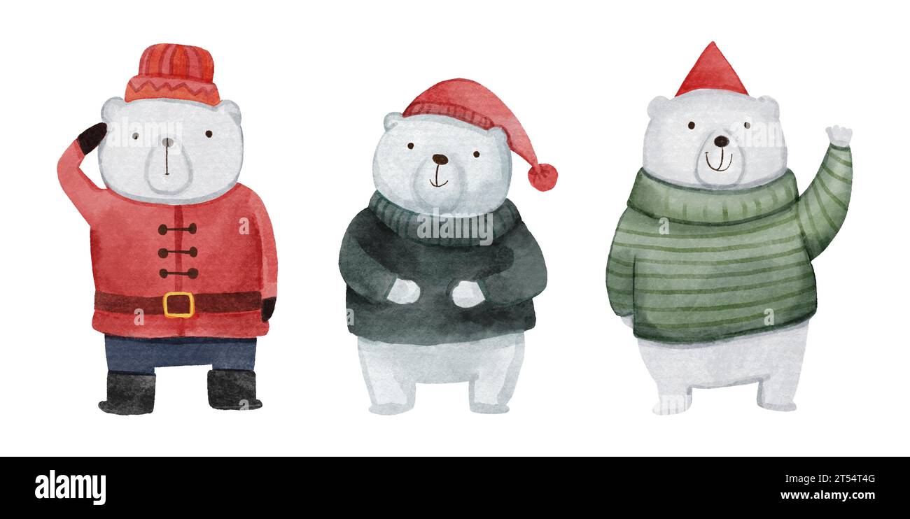 Polar bear with christmas costume . Watercolor paint cartoon characters . Isolated . Set 1 of 8 . Vector . Stock Vector