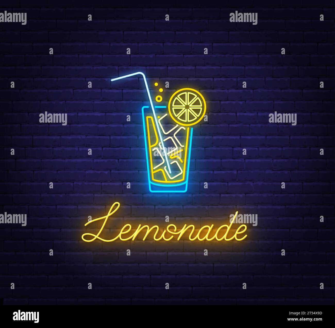 Lemonade neon sign on brick wall background Stock Vector