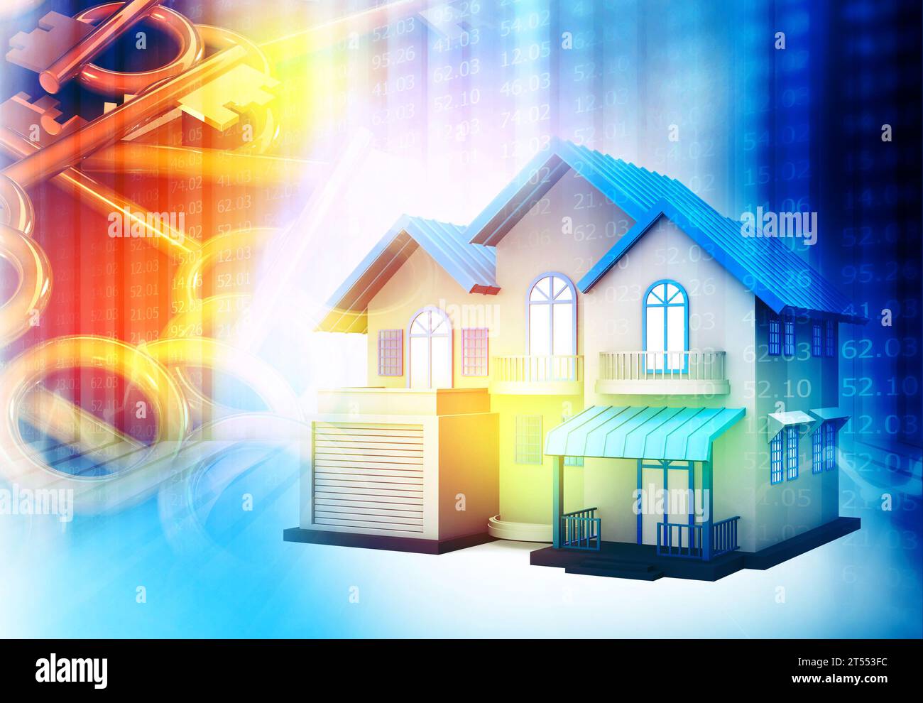 House and key under financial background. 3d illustration Stock Photo ...