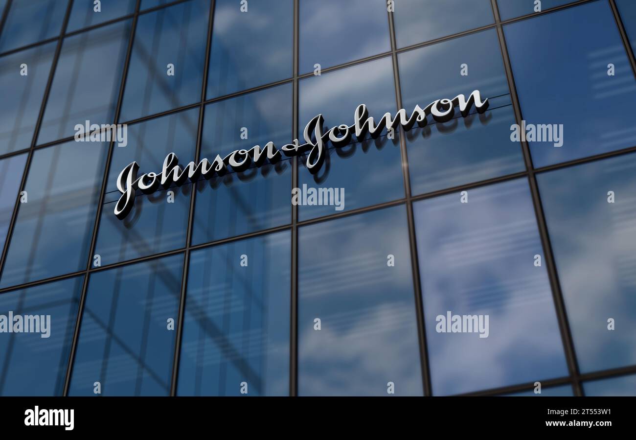 New Brunswick, New Jersey, November 1, 2023: Johnson and Johnson corporation headquarters glass building concept. Pharmaceutical medical company symbo Stock Photo