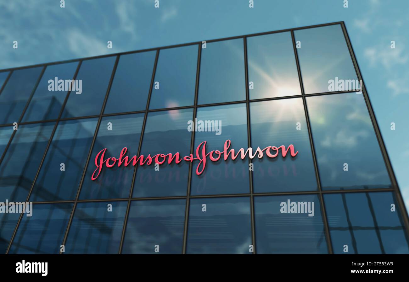 New Brunswick, New Jersey, November 1, 2023: Johnson and Johnson corporation headquarters glass building concept. Pharmaceutical medical company symbo Stock Photo