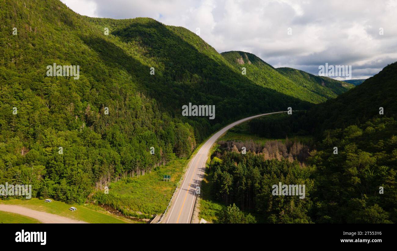 A scenic view of a long country roadway winding through lush green ...