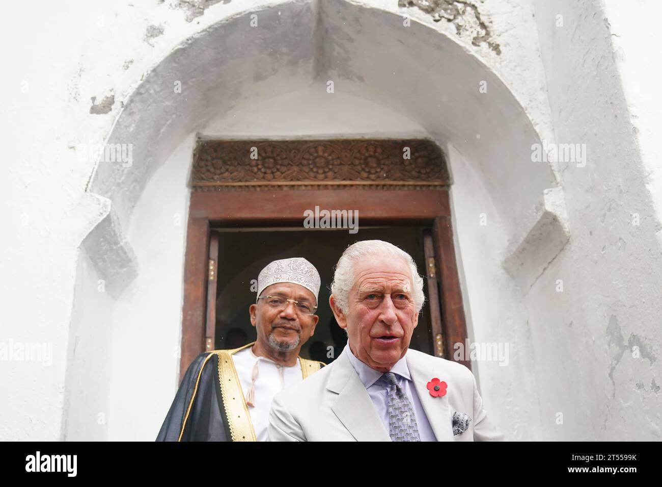 King Charles III during a visit to Mandhry Mosque in Mombasa County, to hear about to interfaith dialogue work of the Coast Interfaith Council of Clerics and the significance of the contribution of the Mosque, as a religious site, to this dialogue, on day four of the state visit to Kenya. Picture date: Friday November 3, 2023. Stock Photo