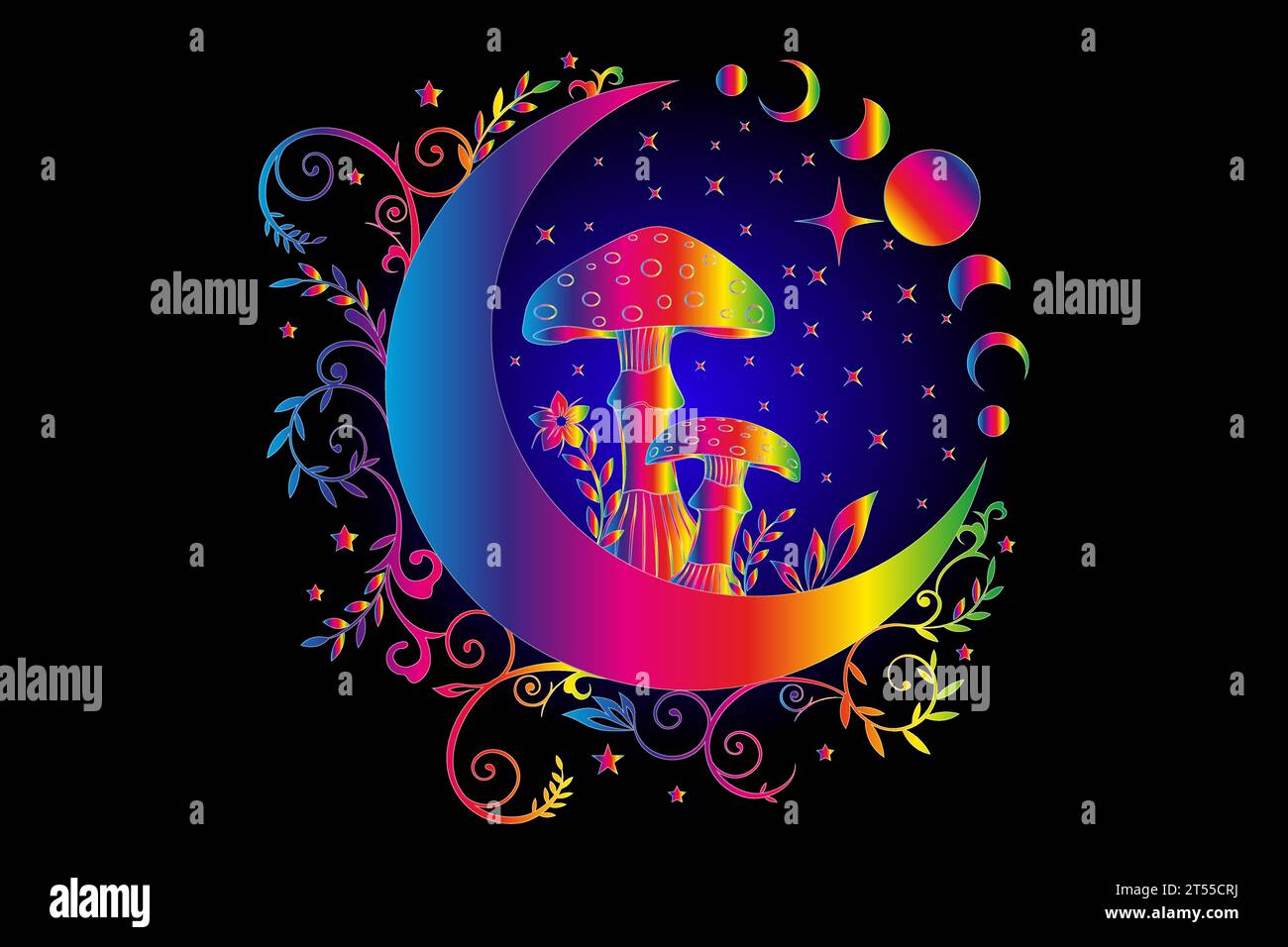 Celestial Mystical boho mushrooms, magic Amanita Muscaria with moon and stars, witchcraft symbol, witchy esoteric Psychedelic concept. Party rave Stock Vector