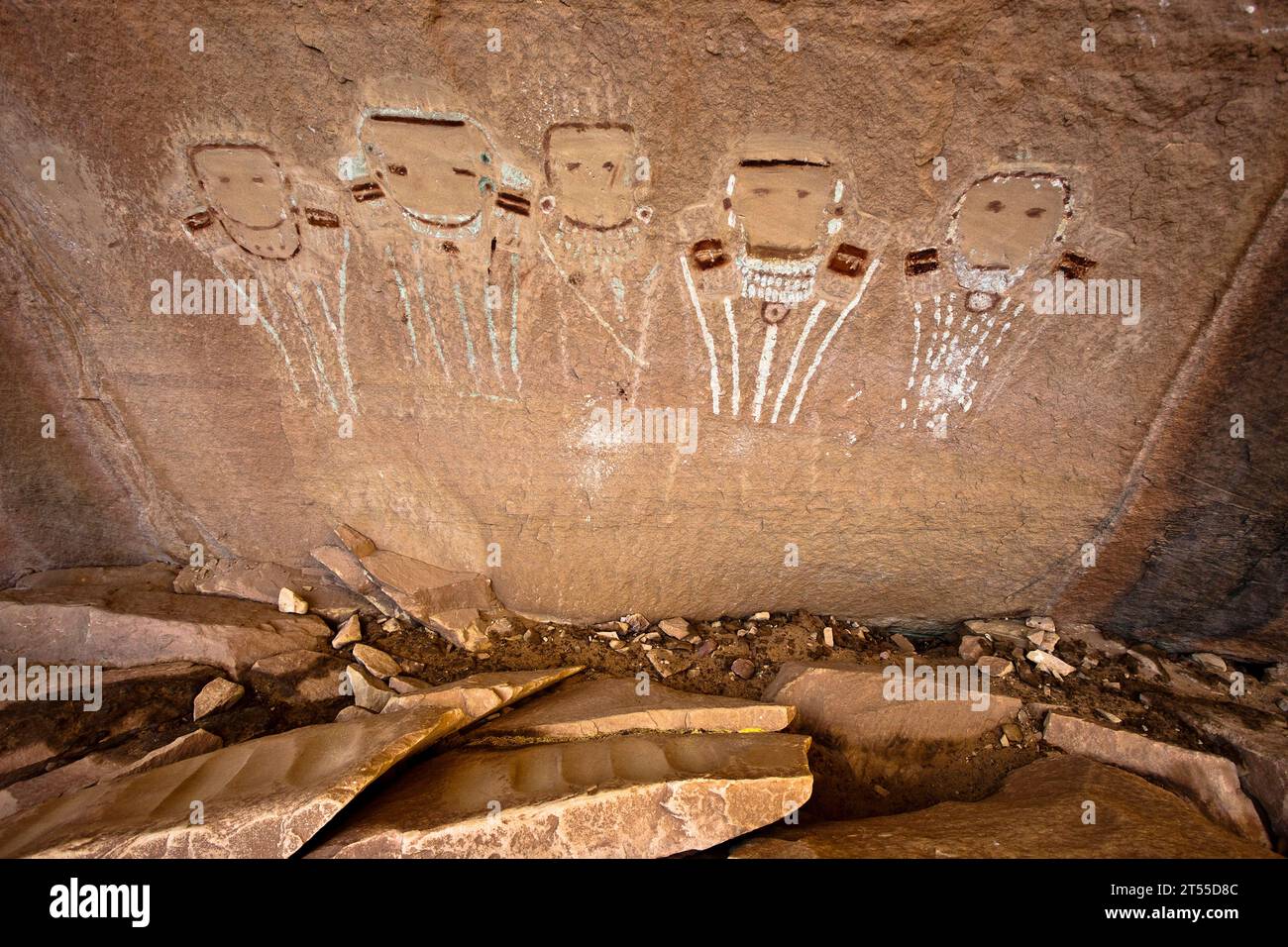 Native American pictograph of five faces, Utah. Stock Photo
