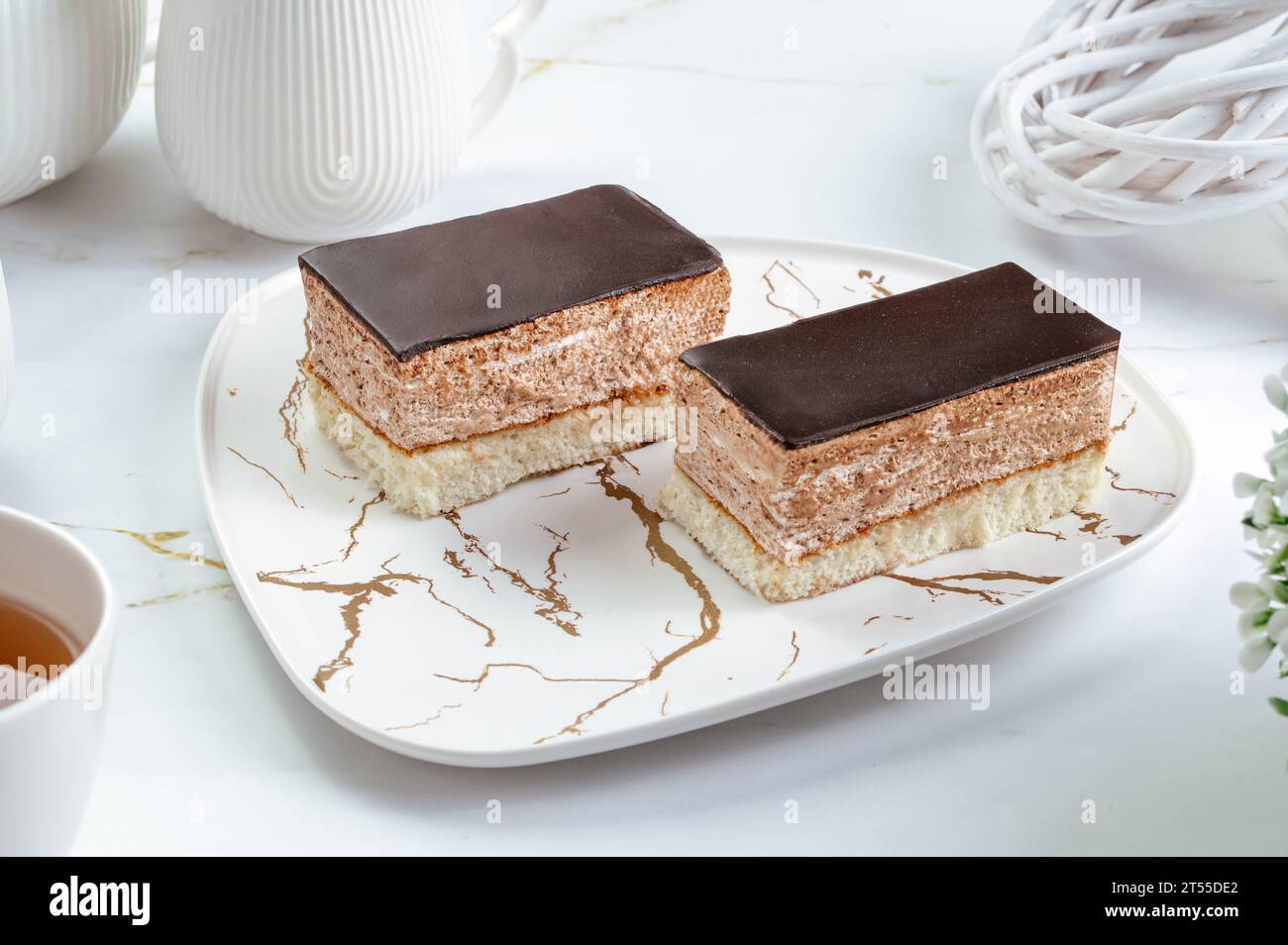 layered delicate mousse cake with chocolate Stock Photo