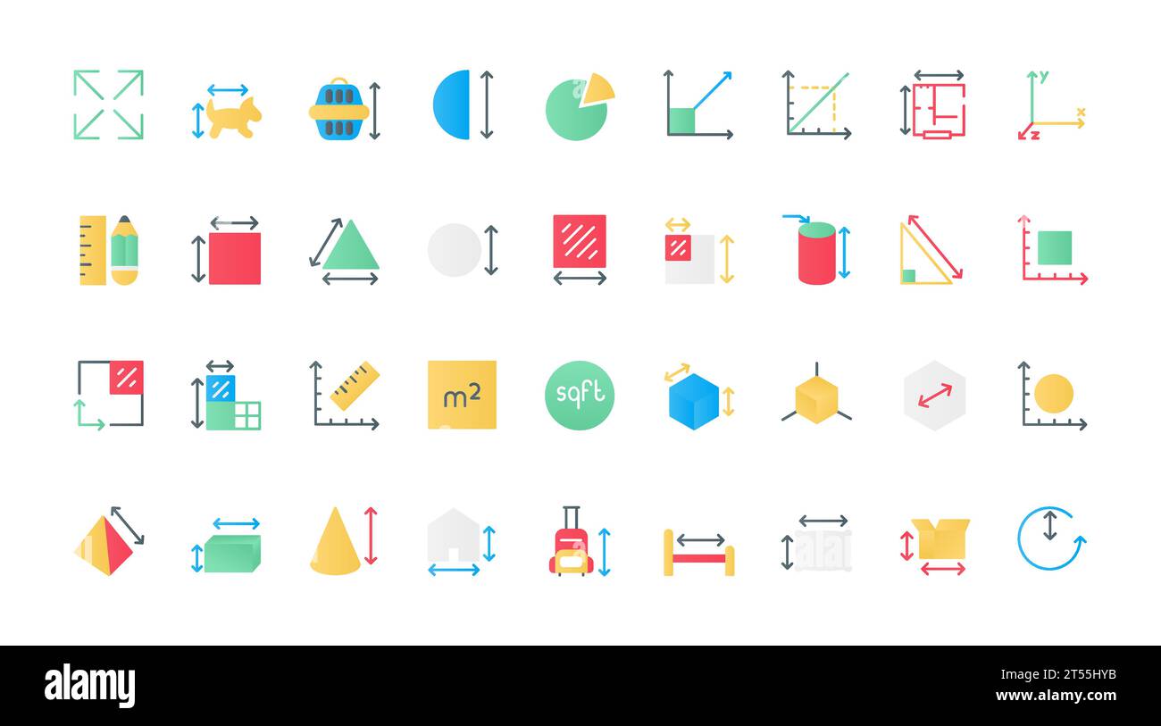 Dimension, area, and measure flat icons set vector illustration