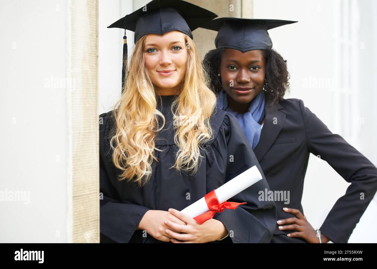 Graduation cap, students and friends for university achievement