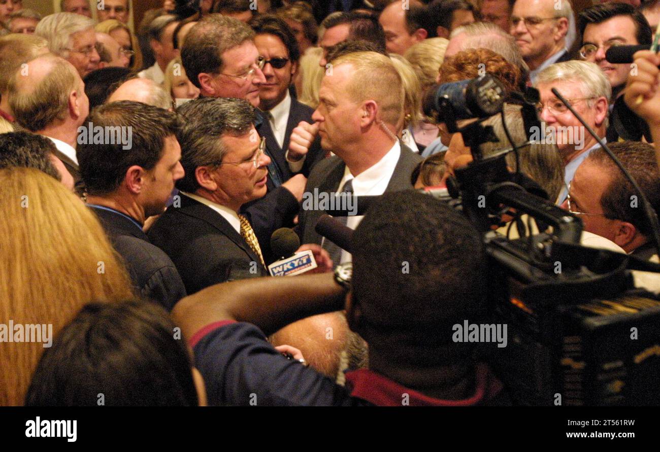 Gov.-elect Ernie Fletcher speaks with reporters at his election night victory party on Tuesday, Nov. 4, 2003 at the Marriott Griffin Gate Resort in Lexington, Fayette County, KY, USA. A physician and three-term congressman representing Kentucky's 6th congressional district, Fletcher defeated Democrat Ben Chandler to become Kentucky's first Republican governor since 1967. (Apex MediaWire Photo by Billy Suratt) Stock Photo