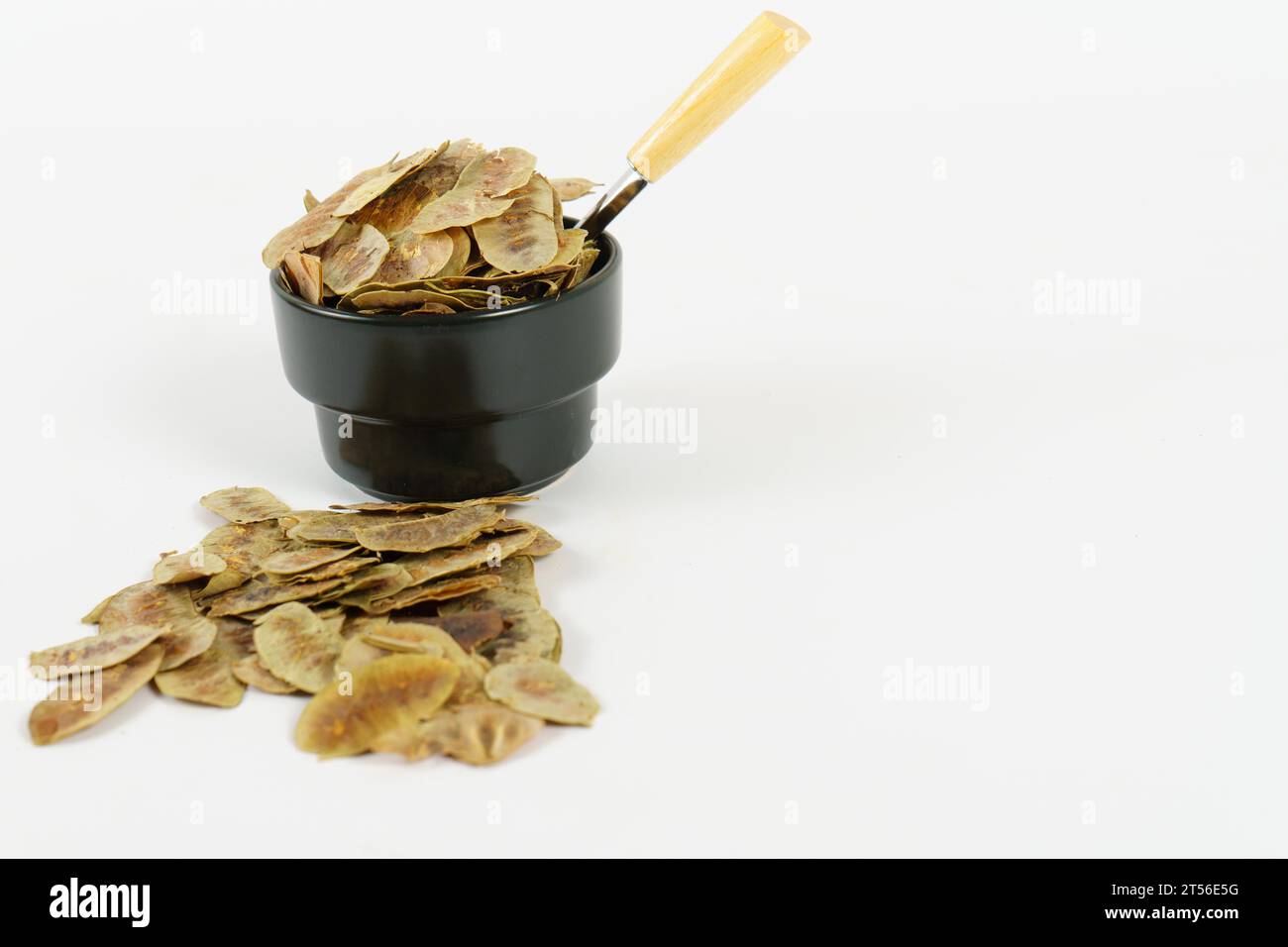 Senna alexandrina pods. Cassia senna, with depurative and detoxifying properties in a black ceramic bowl with a metal and wooden spoon, isolated on a Stock Photo