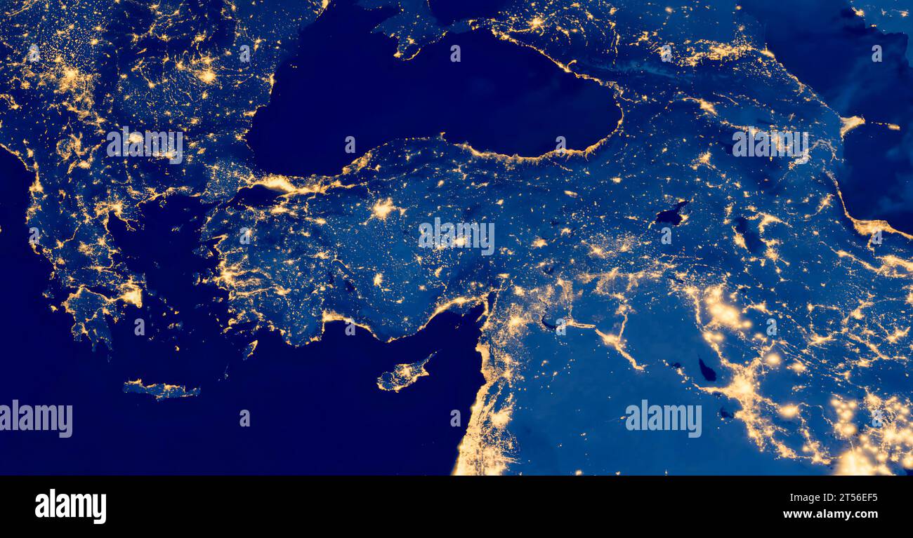 Turkey country at night from space, satellite photo. City Lights of