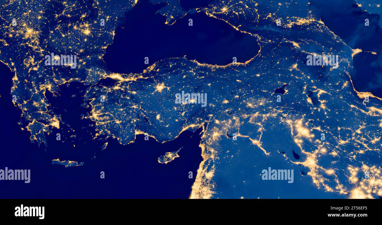 Turkey country at night from space, satellite photo. Elements of this image furnished by NASA. Stock Photo