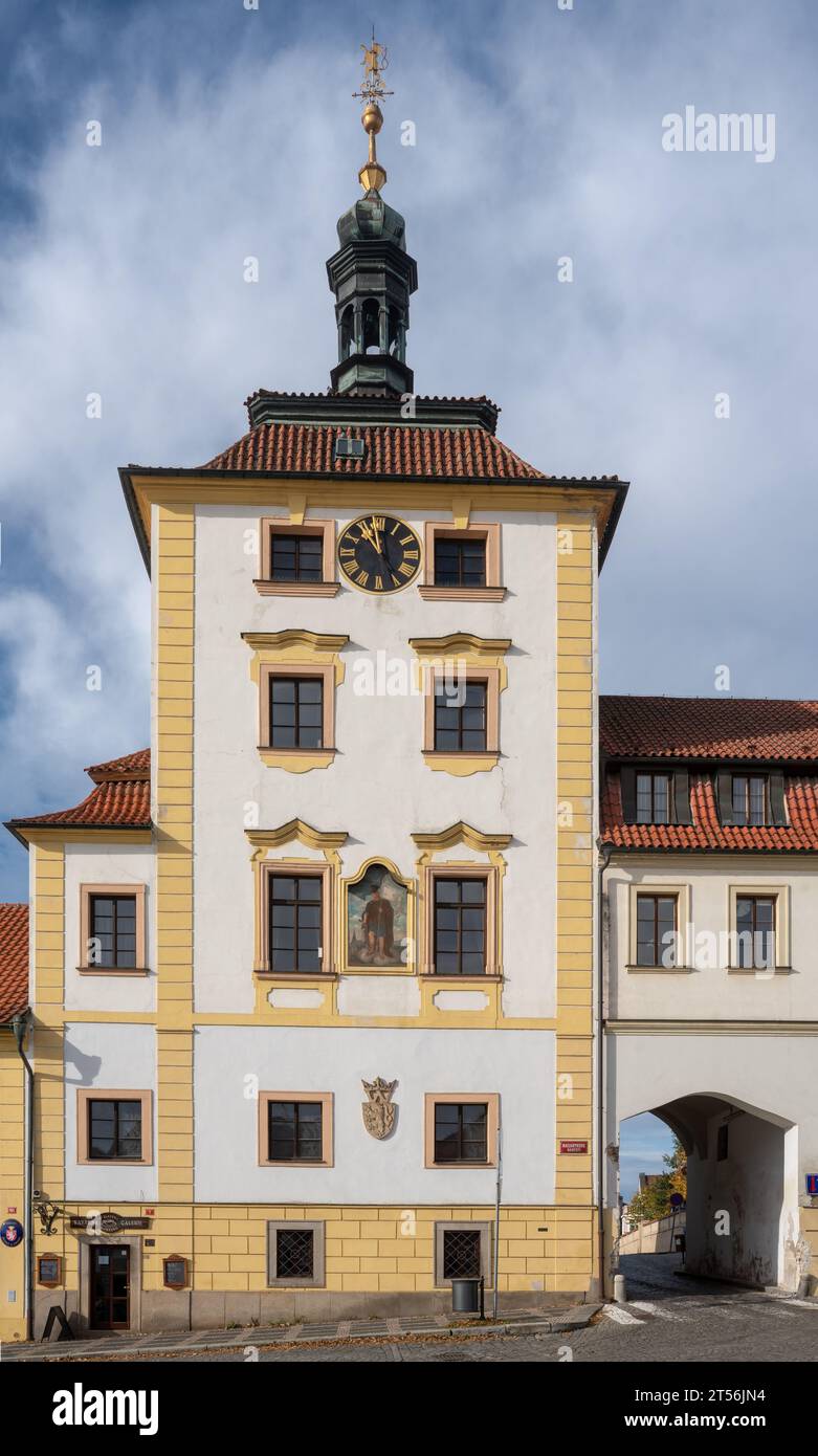 Historic tower of the town hall of Czech gold mining town Jílové u