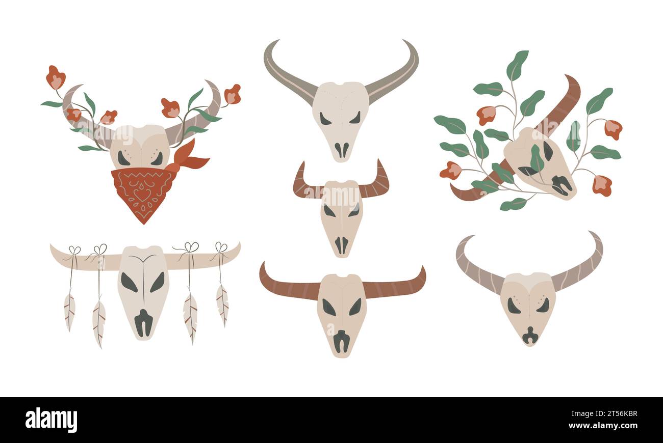 Hand drawn bogemian buffalo Skulls with flower foliage. Flat wild west cows. Stock Vector