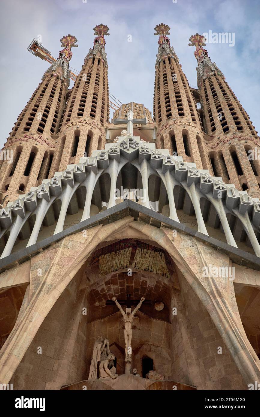 The exterior of the Passion Facade of the Sagrada Familia in Barcelona
