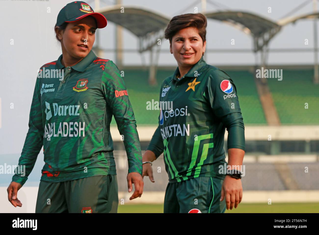 Captains of Bangladesh and Pakistan women cricket team Nigar Sultana Joty (L) and Nida Dar (R) during the One Day International (ODI) series Trophy un Stock Photo